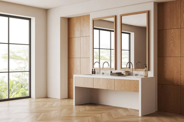 Wooden Bathroom Interior Double Sink Dresser Mirrors Side View Hardwood — Stock Photo, Image