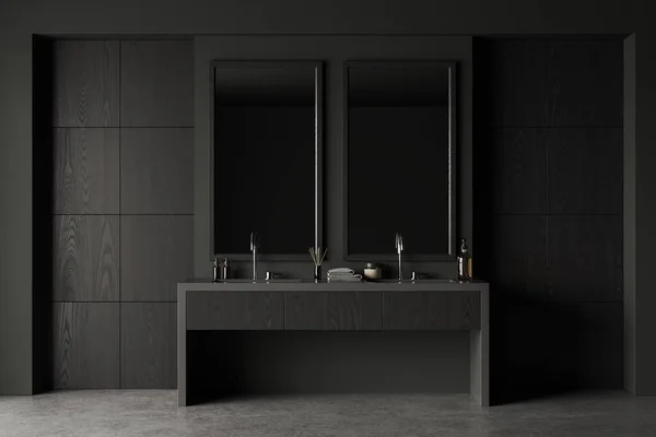 深色木制浴室内部 带有双层洗涤槽和配件 两面镜子和灰色混凝土地板上的黑色木制梳妆台 现代家庭浴室 3D渲染 — 图库照片
