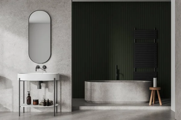 舒适的浴室内部与水池和浴缸在讲台上与凳子 铁路梯子和花瓶与分支 最低限度的浴场和轻质混凝土楼层 3D渲染 — 图库照片