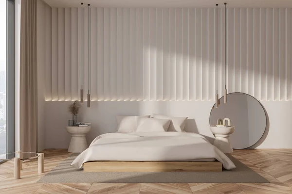 Interieur Van Stijlvolle Master Bedroom Met Witte Muren Houten Vloer — Stockfoto