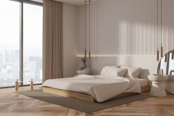 Luxury home bedroom interior bed and nightstand with decor, side view panoramic window on Paris skyscrapers. Beige sleeping corner with elegant design. 3D rendering