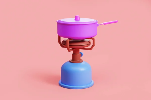 蓝色和红色野营煤气炉与紫色壶 便携式自然旅游燃烧器 远足的概念和准备食物的设备 3D渲染说明 — 图库照片
