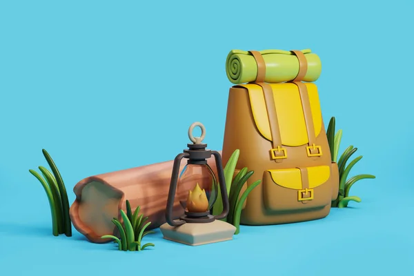 棕色和黄色的旅游背包 带着滚动的垫子和油灯 站在蓝色背景的圆木旁边 远足和露营的概念 3D渲染 — 图库照片