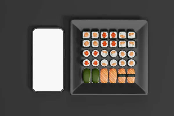寿司设置的视图躺在黑色方块板上 并在黑色背景上模拟智能手机屏幕 外卖食品和外卖的概念 3D渲染 — 图库照片