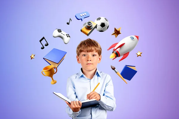 School Boy Taking Notes Looking Camera Different Multimedia Icons Learning — Stock Photo, Image