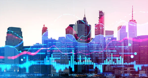 Dijital Forex Diyagramlarının Çifte Pozlandırıldığı Şehir Manzarası Borsa Ticaret Kavramı — Stok fotoğraf