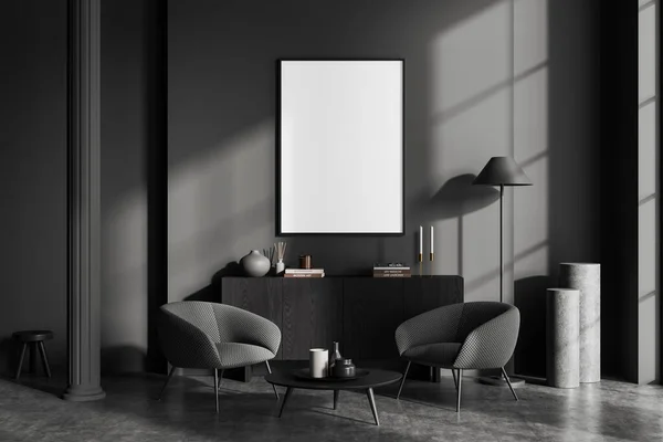 黑暗的客厅内部有两个扶手椅和咖啡桌 餐具柜与艺术装饰 灰色混凝土地板 舒适的休息区与模拟帆布海报 3D渲染 — 图库照片