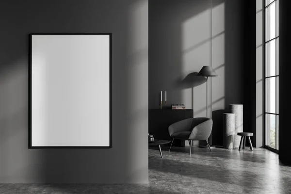 内饰时尚客厅 墙壁灰灰色 地板混凝土 舒适的灰色扶手椅站在梳妆台附近和垂直模拟海报框架 3D渲染 — 图库照片