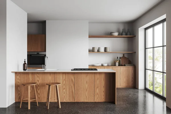 Weiße Wohnküche Mit Barinsel Aus Holz Zwei Hockern Und Regalen — Stockfoto