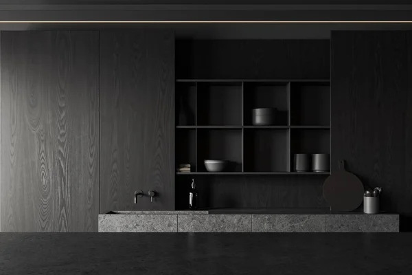 石のバー島と暗いキッチンインテリア 現代の台所用品や料理とシンクと棚 ミニマルなデザインのダークホーム調理エリア 3Dレンダリング — ストック写真