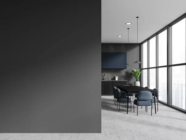 Interior Modern Kitchen Gray Walls Concrete Floor Blue Cupboards Dining — Stock Photo, Image