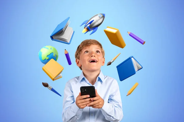 Portrait Happy Little Boy Standing Smartphone Blue Background School Icons — Stock Photo, Image