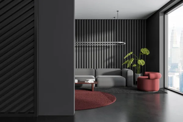 Intérieur Salon Moderne Avec Des Murs Gris Long Canapé Gris — Photo