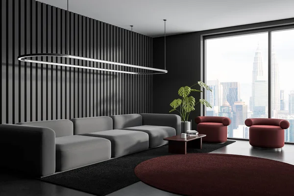 黑暗的客厅内部有沙发和扶手椅与咖啡桌 侧面看灰色混凝土地板 吉隆坡全景窗休闲场所的现代设计 3D渲染 — 图库照片