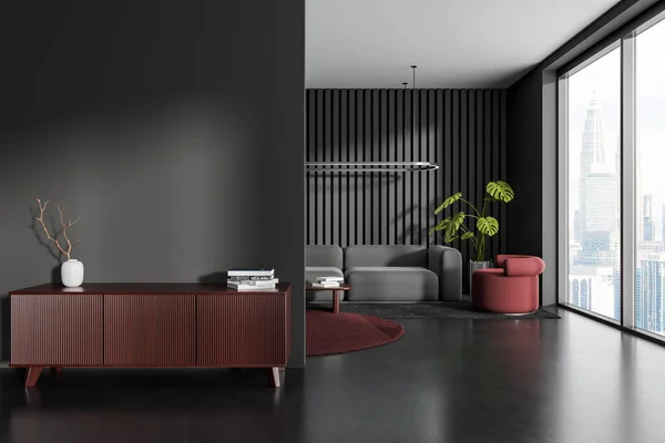 Modern Donker Lounge Zone Interieur Met Lade Mockup Lege Wand — Stockfoto