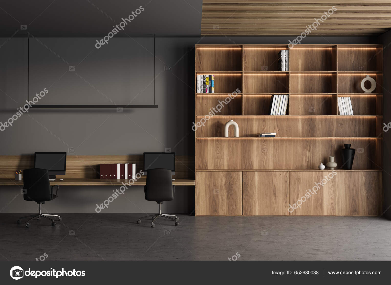 Εσωτερικό Σύγχρονου Ανοιχτού Χώρου Γραφείου Γκρι Τοίχους Τραπέζι  Υπολογιστών Καρέκλες — Φωτογραφία Αρχείου © denisismagilov #652680038