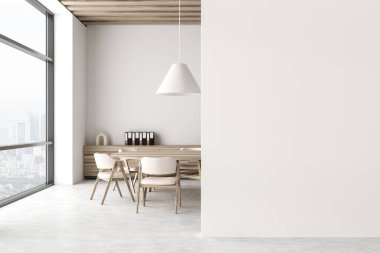 Beyaz iş yerleri, koltuklar ve konferans panosu, beton zemin. İçinde belgeler ve gökdelenlerin panoramik penceresi olan çekmece. Model boş duvar bölmesi. 3B görüntüleme