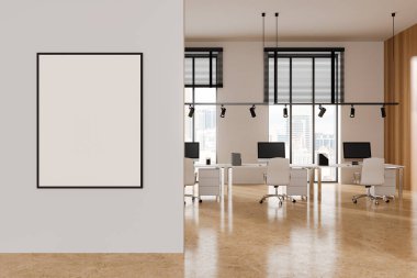 Koltuklu beyaz iş yeri, bej beton zeminde bilgisayarlı masa. Gökdelenlerin panoramik penceresi. Tuvalin posterini hazırla. 3B görüntüleme