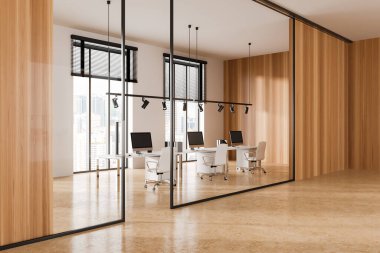 Beyaz, cam ve ahşap duvarları, taş zemini ve sandalyeli beyaz bilgisayar masaları olan şık açık uzay ofisinin içi. 3d oluşturma