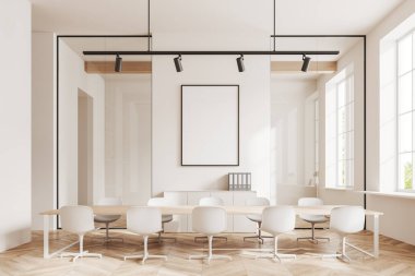 Bej rengi toplantı odası. Tahta, sandalye ve ahşap döşemeli çekmece. Tropik bölgelerde panoramik pencereli konferans işyeri. Tuvalin posterini hazırla. 3B görüntüleme