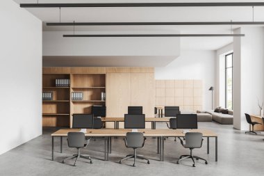 Beyaz çalışma masası bilgisayar ile, ahşap raflar gri beton zemin üzerinde klasörler. Tropik bölgelerde panoramik pencerenin yanında kanepe olan rahat bir yer. 3B görüntüleme