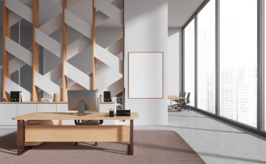 Beyaz ve desenli duvarları, beton zemini, tahta bilgisayar masası ve afişi olan modern CEO ofisinin içi. 3d oluşturma