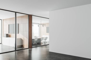 Beyaz ve ahşap duvarları, beton zemini ve arka planda toplantı odası olan modern ofis binası. 3d oluşturma