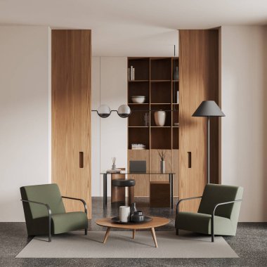 Beyaz duvarları, beton zemini, yuvarlak sehpanın yanında duran iki yeşil koltuğu ve arka planda ev ofisi olan modern oturma odasının içi. 3d oluşturma