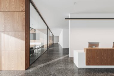 Resepsiyon masası, bilgisayar, minimalist iş koridoru ve gri beton zemin. Cam kapılar ardında buluşma ve ortak çalışma alanı. 3B görüntüleme