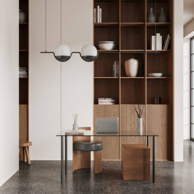 Modern ev içi iç mimari, cam masada dizüstü bilgisayar, gri beton zeminde sanat dekorasyonu olan raf. Dairede şık, minimalist ofis tasarımı. 3B görüntüleme