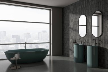 Karanlık otel banyosu, banyo küveti, çift lavabo, yan görüş, gri beton zemin. Paris gökdelenlerinde minimalist banyo aksesuarları ve panoramik pencere. 3B görüntüleme