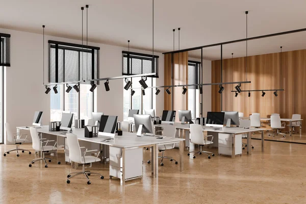 Weißes Business Interieur Mit Sesseln Und Auf Schreibtisch Reihe Seitenansicht — Stockfoto