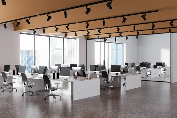 White workplace interior with armchairs and pc computer in row on desk, side view grey concrete floor. Coworking room behind glass partition, panoramic window on Kuala Lumpur. 3D rendering