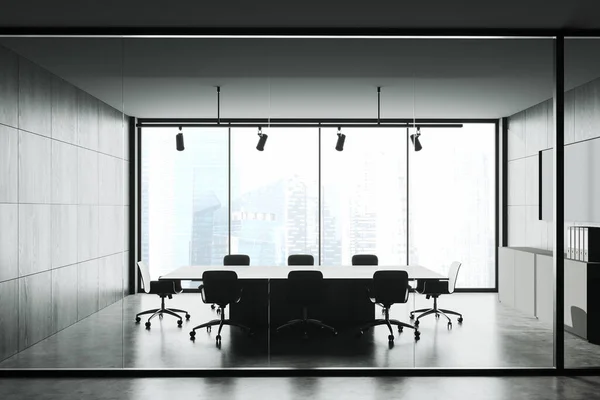 어두운 내부에서 의자와 콘크리트 건물에 파노라마 회의실 렌더링 — 스톡 사진