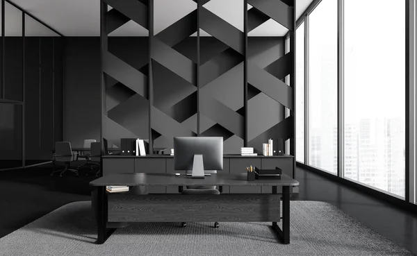 Dunkles Bürointerieur Mit Auf Schreibtisch Trennwand Und Konferenzraum Mit Dekoration — Stockfoto
