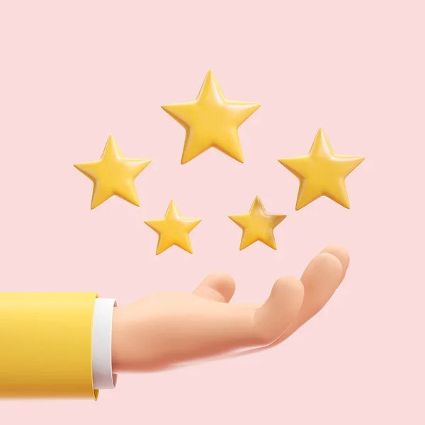 Hand Cartoon Man Yellow Suit Holding Five Stars Pink Background — Stock Photo, Image