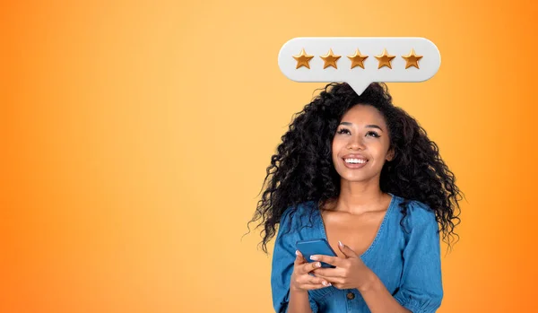 Happy Black Woman Phone Hands Empty Copy Space Orange Background — Stock Photo, Image