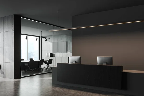 Interior Stylish Office Gray Walls Concrete Floor Gray Dark Wooden — Stock Photo, Image