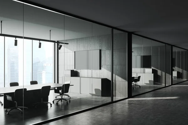 유리문 회의실 어두운 콘크리트 바닥도 보인다 건물에 파노라마 회의실 렌더링 — 스톡 사진