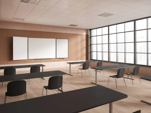 Ecke Des Stilvollen Klassenzimmers Mit Beigen Wänden Holzboden Reihen Von — Stockfoto