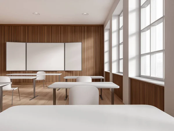 白色和木制教室内部 书桌和椅子排成一排 模拟复制空白板的空间 具有全景城市视野的极简主义教育室 3D渲染 — 图库照片