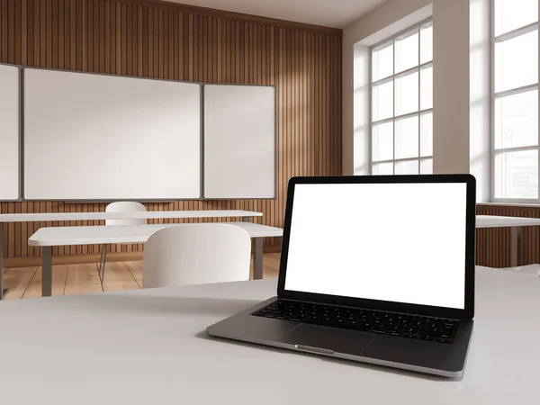 Modern Classroom Interior Desk Chair Row Mock Copy Space Laptop — Stock Photo, Image