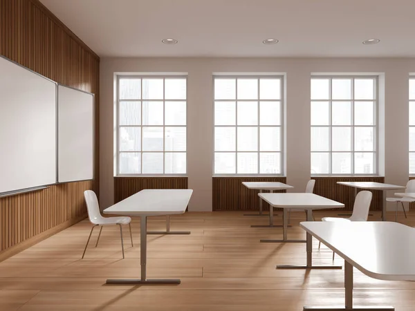 Side View Modern School Classroom White Wooden Walls Wooden Floor — Stock Photo, Image