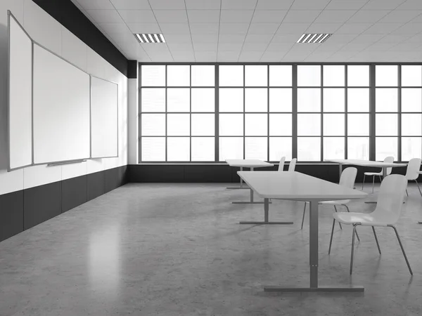 Masası Sandalyesi Olan Modern Sınıf Içi Boş Yazı Tahtasını Taklit — Stok fotoğraf