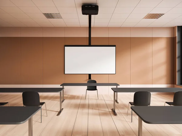 时尚的学校教室的内部 有米黄色的墙壁 木制的地板 一排灰色的桌子 椅子和模拟的投影屏幕 3D渲染 — 图库照片