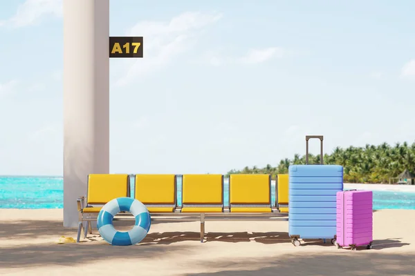 有黄色椅子 蓝色和粉色行李箱在阳光充足的海滩上的机场景观 旅游和旅行的概念 3D渲染 — 图库照片
