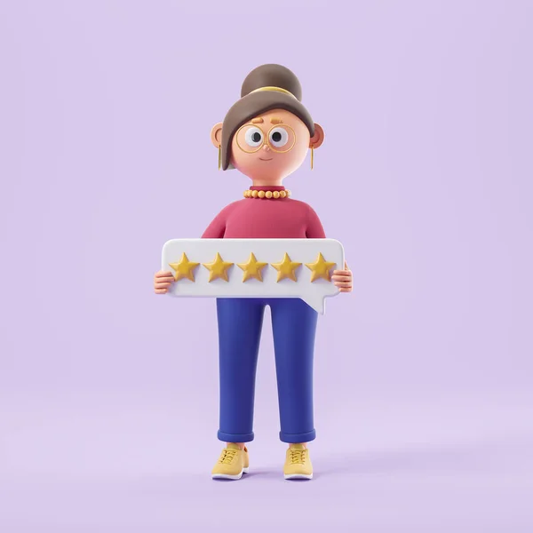 Cartoon woman with dark hair holding white speech bubble with five star rating. Concept of client feedback and service ranking. 3d rendering