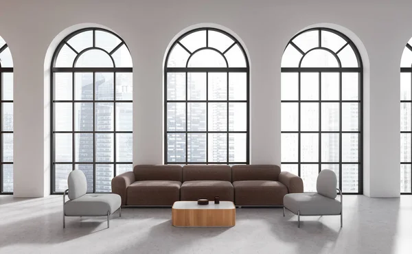 Interior Escritório Moderno Sala Espera Com Paredes Brancas Piso Concreto — Fotografia de Stock