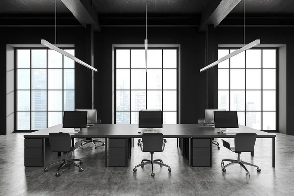 充满灰色墙壁 混凝土地板和一排配有椅子的灰色电脑桌的时尚的开放空间办公室的内部 3D渲染 — 图库照片