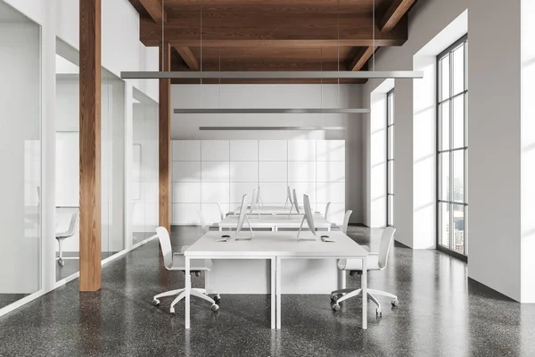 Modern Coworking Interior Armchairs Computer Desk Row Grey Concrete Floor — Stock Photo, Image